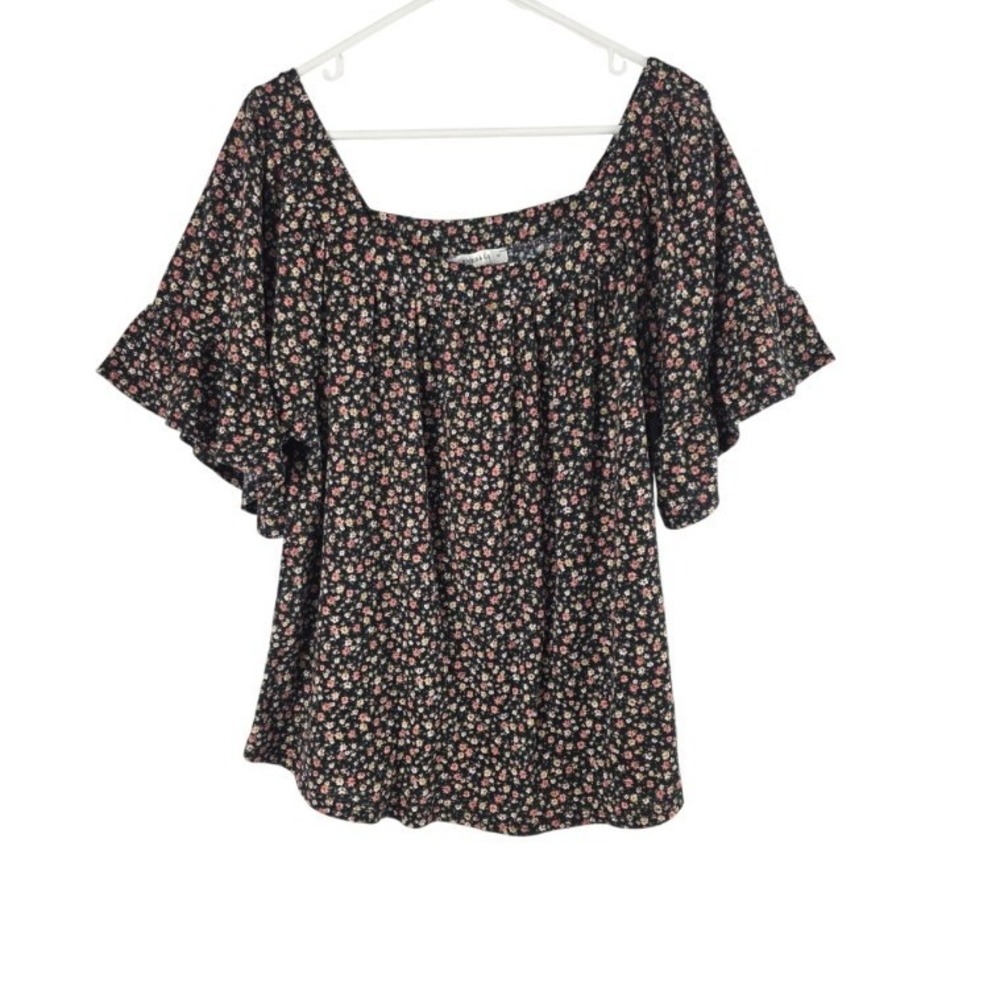 Emerald Cottage Core Top M Womens Floral Square Neck Coquette Short Flare Sleeve